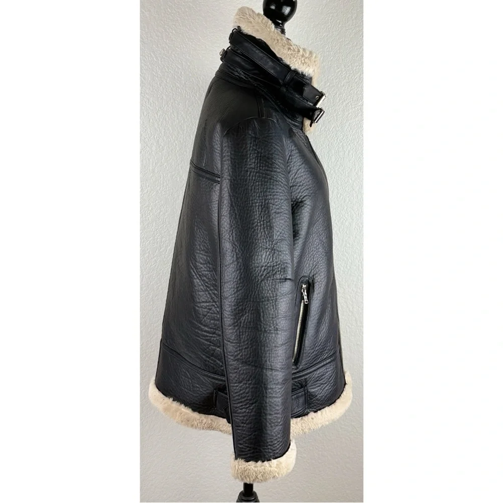 Zara Black Faux Leather Shearling Lined Aviator Jacket - Picture 5 of 12